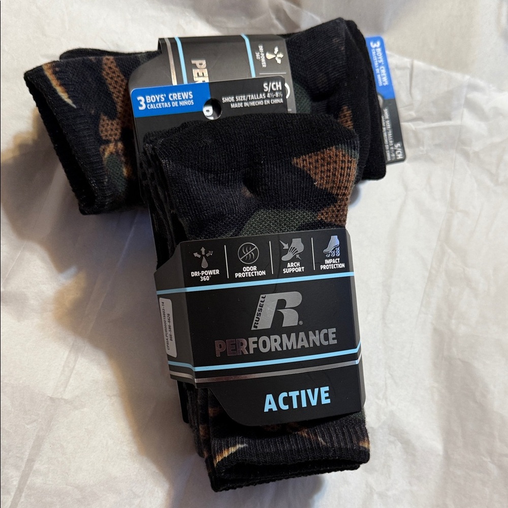 Russell Performance Active Black, Camo and Gray boys crew socks pack of 3 pair